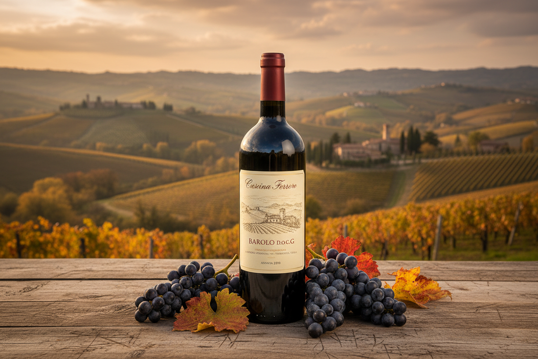 Barolo DOCG Biologico delle Langhe – bottiglia e grappoli di Nebbiolo sulle colline piemontesi