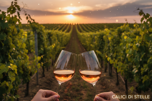 Calici di vino al tramonto tra i vigneti durante Calici di Stelle 2026