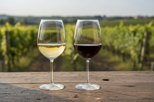Calici di vino bianco e vino rosso biologici artigianali a basso contenuto di solfiti a confronto