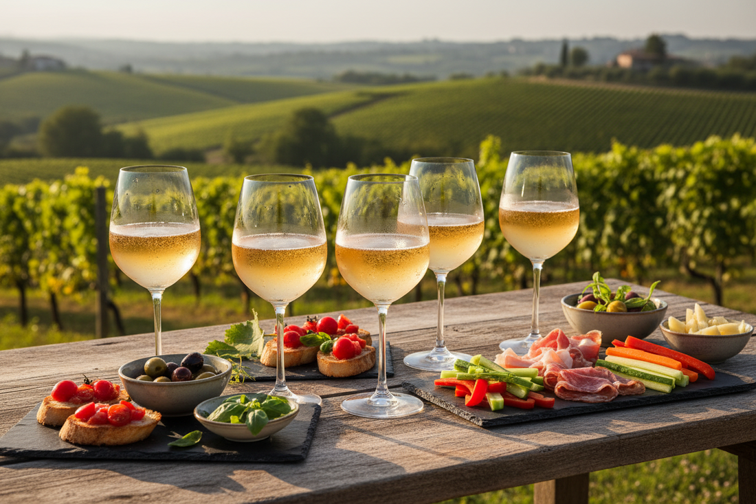 Calici di vino mosso rifermentato biologico ghiacciato serviti all'aperto durante un aperitivo estivo con finger food