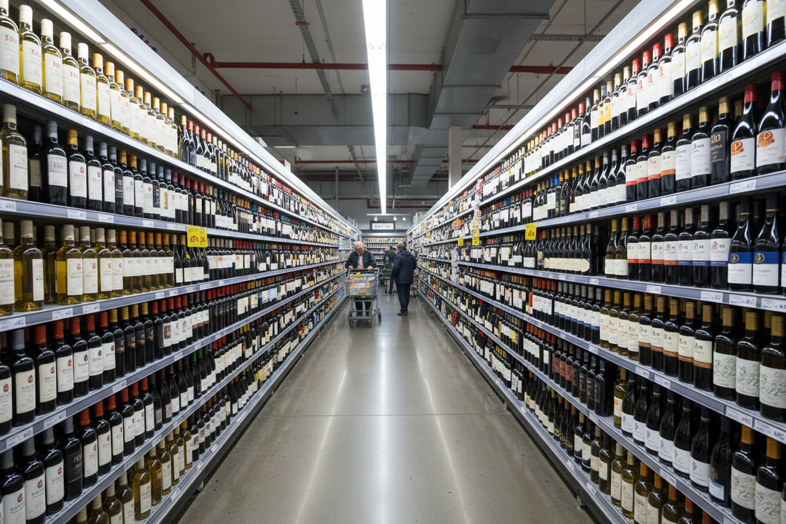 File di bottiglie di vino industriale ammassate sugli scaffali illuminati di un grande supermercato