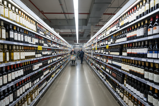 File di bottiglie di vino industriale ammassate sugli scaffali illuminati di un grande supermercato