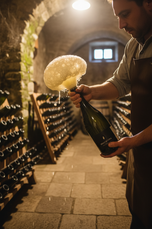 Il momento esatto della sboccatura manuale di uno spumante metodo classico in una cantina artigianale.