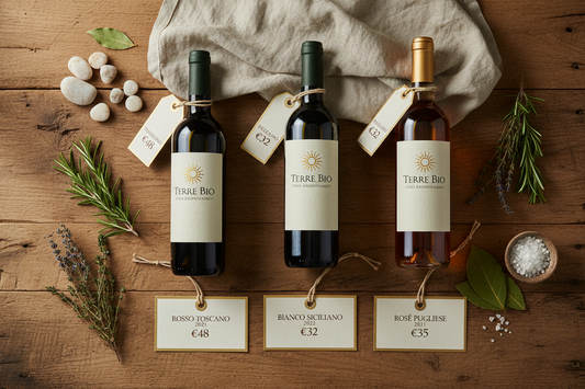 Dettaglio del prezzo e del valore di bottiglie di vino artigianale biologico selezionate nelle Langhe