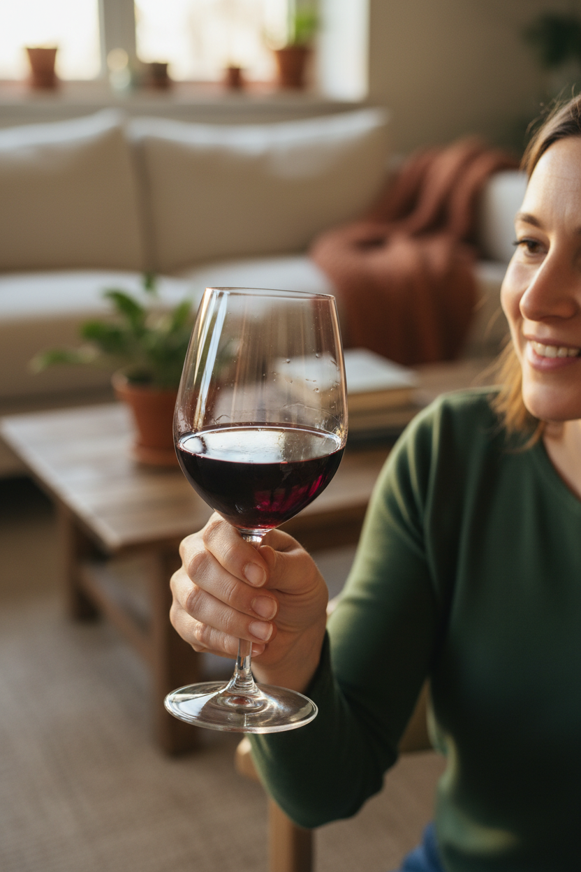 Un consumatore che analizza con soddisfazione la trasparenza di un calice di vino biologico e naturale a casa
