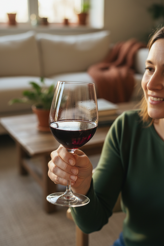 Un consumatore che analizza con soddisfazione la trasparenza di un calice di vino biologico e naturale a casa