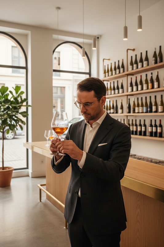 Un sommelier che esamina la limpidezza e il colore di un calice di vino naturale in un'enoteca pulita e moderna.