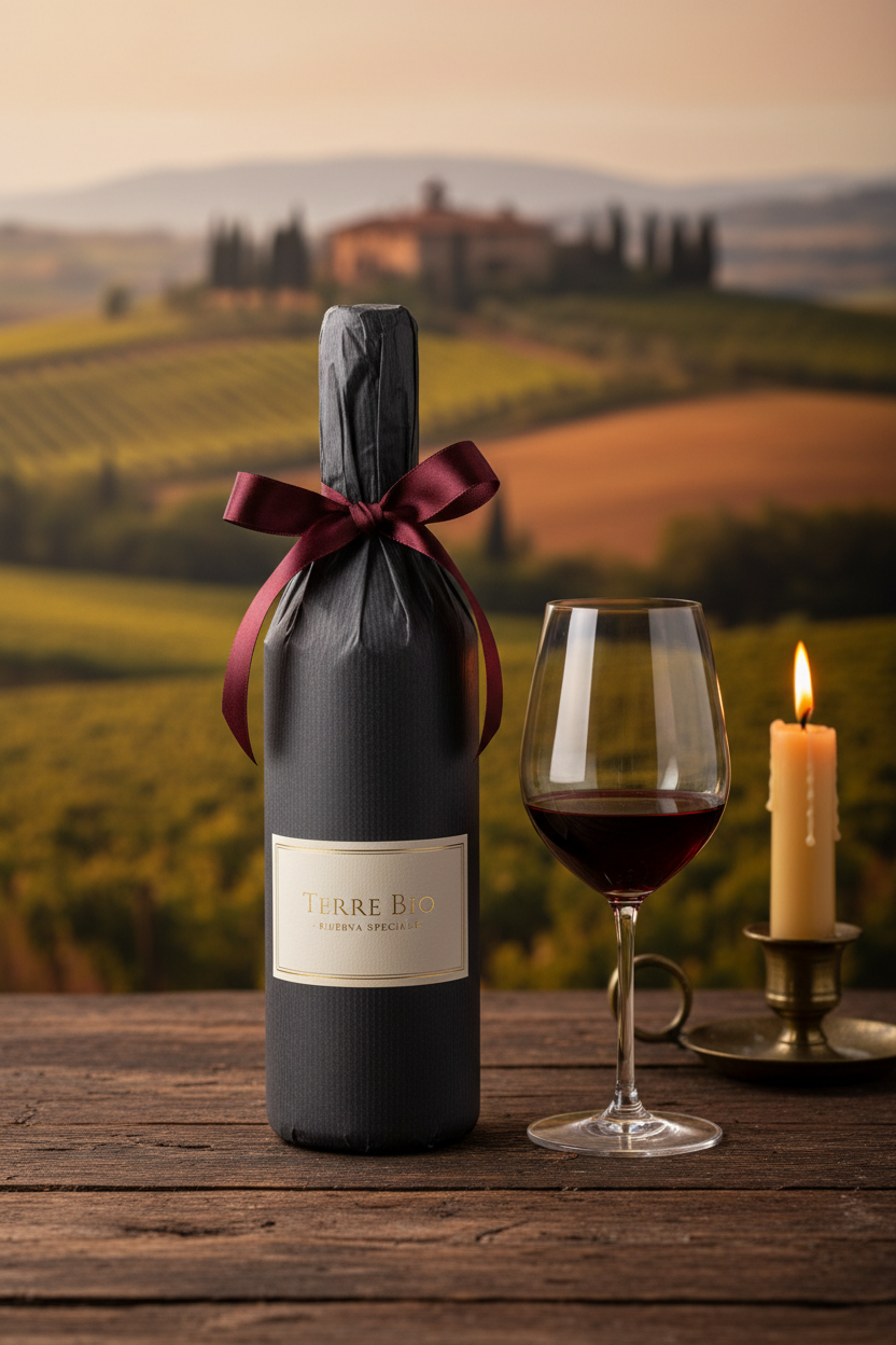 Una prestigiosa bottiglia di vino biologico confezionata per un regalo elegante accanto a un calice
