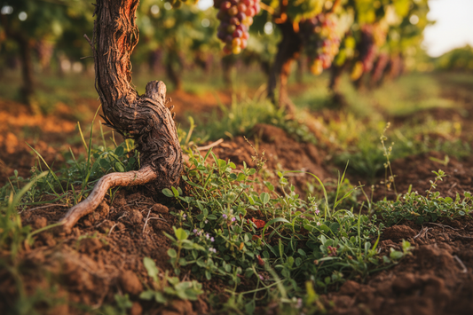 Filari di un vigneto biologico a conduzione artigianale nel Nord-Ovest durante la stagione estiva.