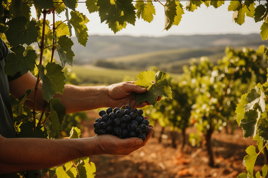 uno scatto molto naturale in mezzo ai filari, magari che inquadri in primo piano le mani dei produttori (vanno benissimo i due fondatori!) che tengono un grappolo d'uva o esaminano una foglia. Una foto che trasmetta terra, lavoro manuale e artigianalità