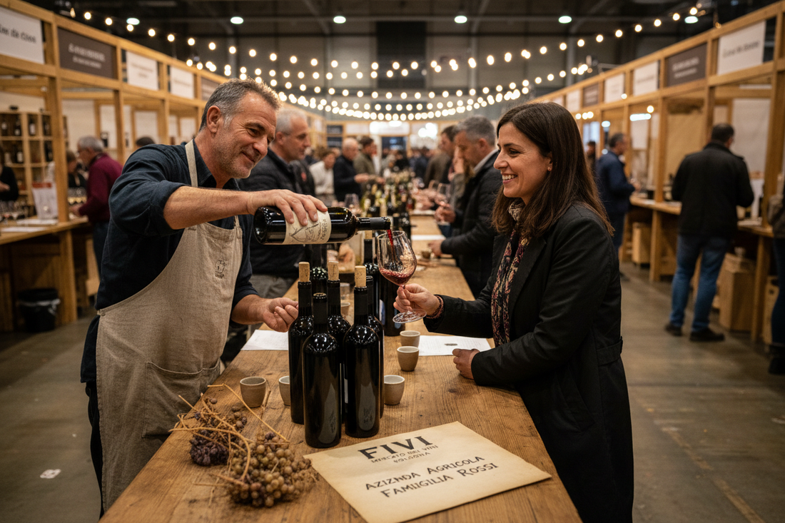 Vignaiolo indipendente versa vino durante il Mercato dei Vini FIVI a Bologna
