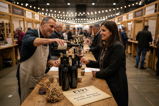Vignaiolo indipendente versa vino durante il Mercato dei Vini FIVI a Bologna