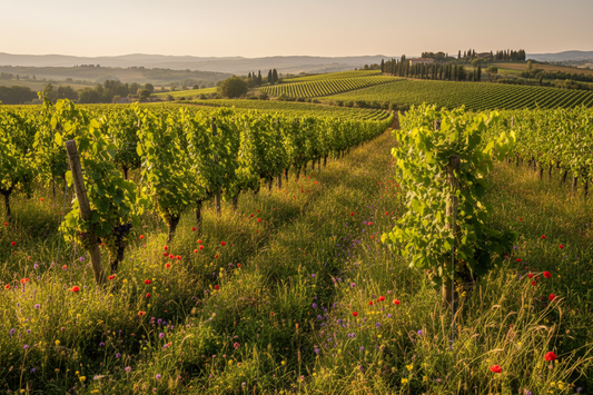 Vigneto biologico rigoglioso con gestione dell'inerbimento naturale tra i filari sotto il sole estivo.