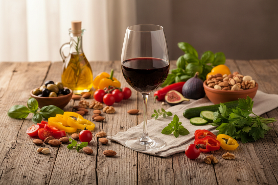 Un calice di vino rosso biologico artigianale accanto a ingredienti della dieta chetogenica come noci, avocado e formaggio stagionato.