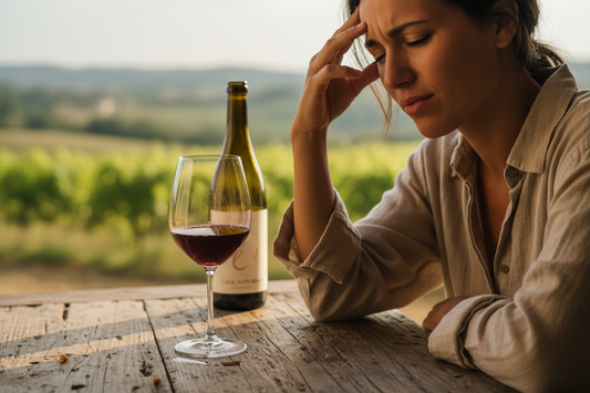 Una persona che ha mal di testa mentre degusta un calice di vino rosso 