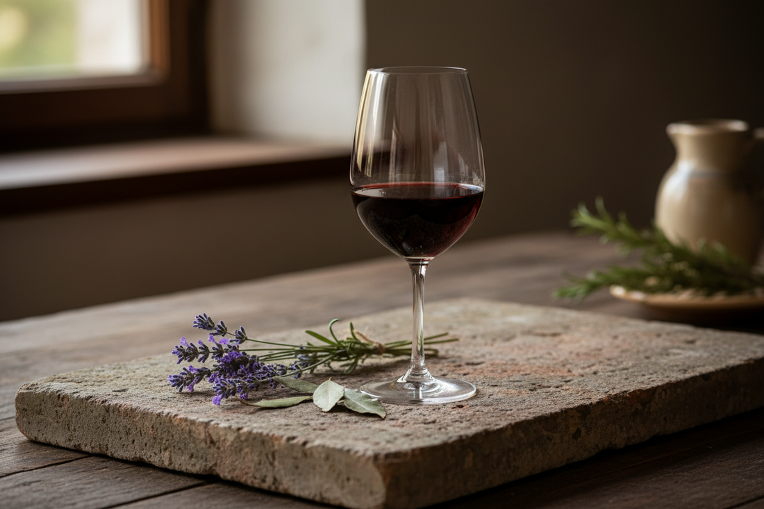 Un calice di vino rosso biologico naturale e digeribile versato a tavola durante una cena salutare