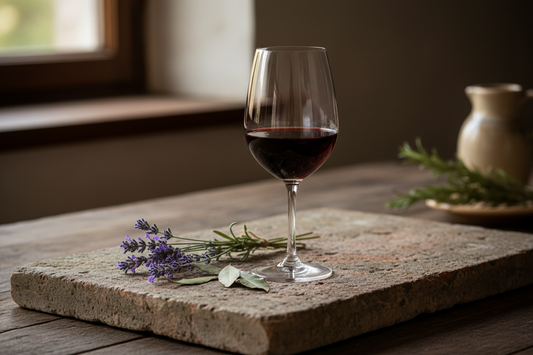 Un calice di vino rosso biologico naturale e digeribile versato a tavola durante una cena salutare