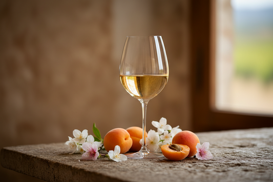 Bottiglia di vino bianco Viognier biologico e naturale nel calice durante una degustazione professionale