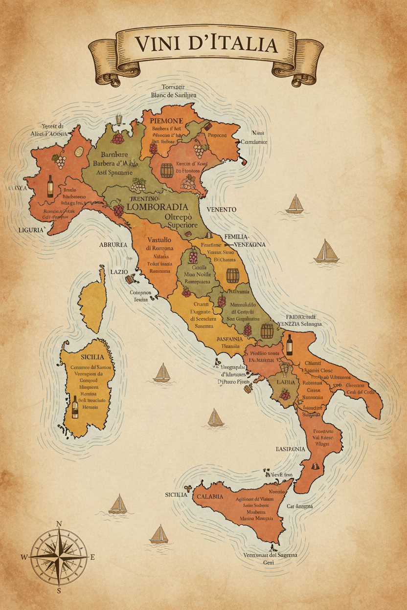 Mappa dell'Italia con i vini italiani