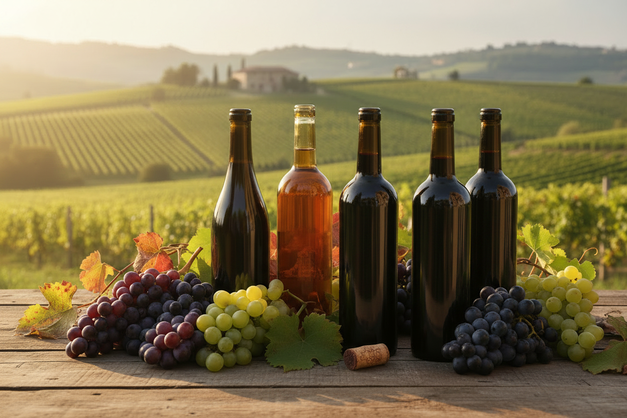 Selezione di bottiglie di vino biologico e artigianale e sullo sfondo i vigneti
