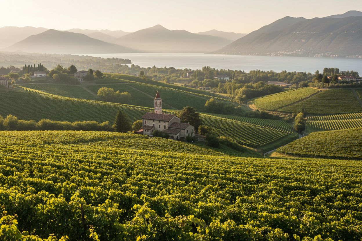 Vigneti della Franciacorta con il Lago d'Iseo - vini Lombardia