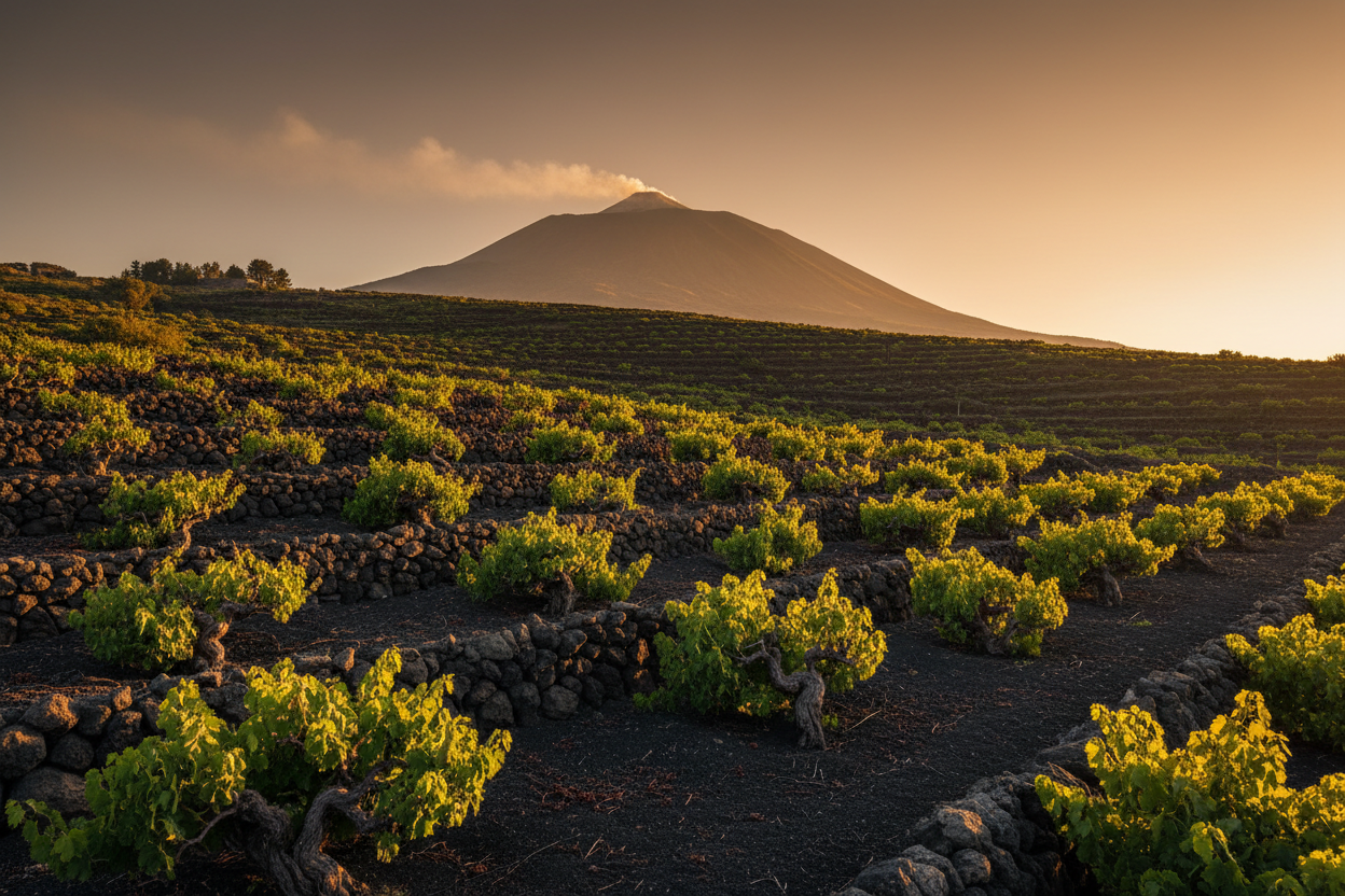 Vigneti sull'Etna con paesaggio vulcanico - vini Sicilia