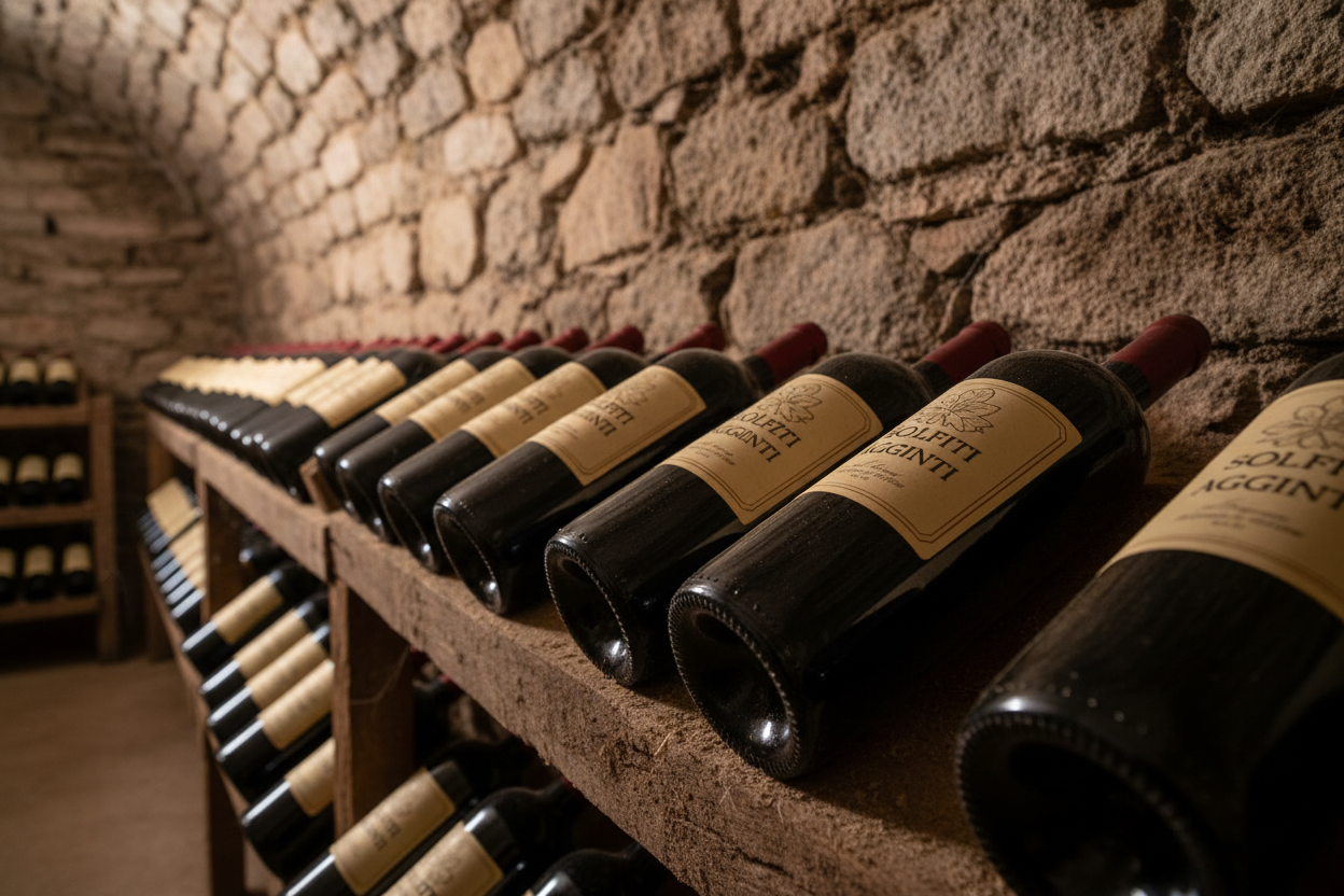 Bottiglie di vino rosso artigianale senza solfiti aggiunti affinate in una cantina storica di pietra.