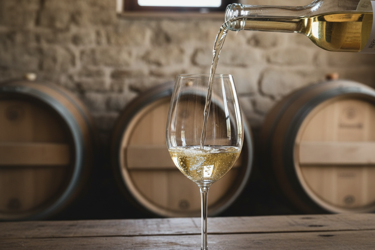 Calice di vino bianco naturale fresco versato durante una degustazione in una cantina artigianale.