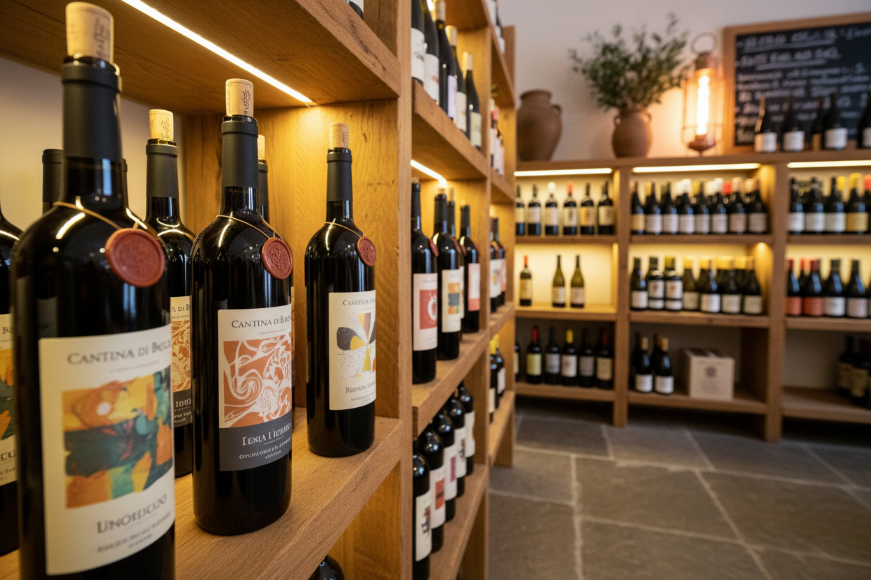 Selezione di bottiglie di vino naturale e artigianale senza solfiti aggiunti esposte sugli scaffali in legno di un'enoteca.