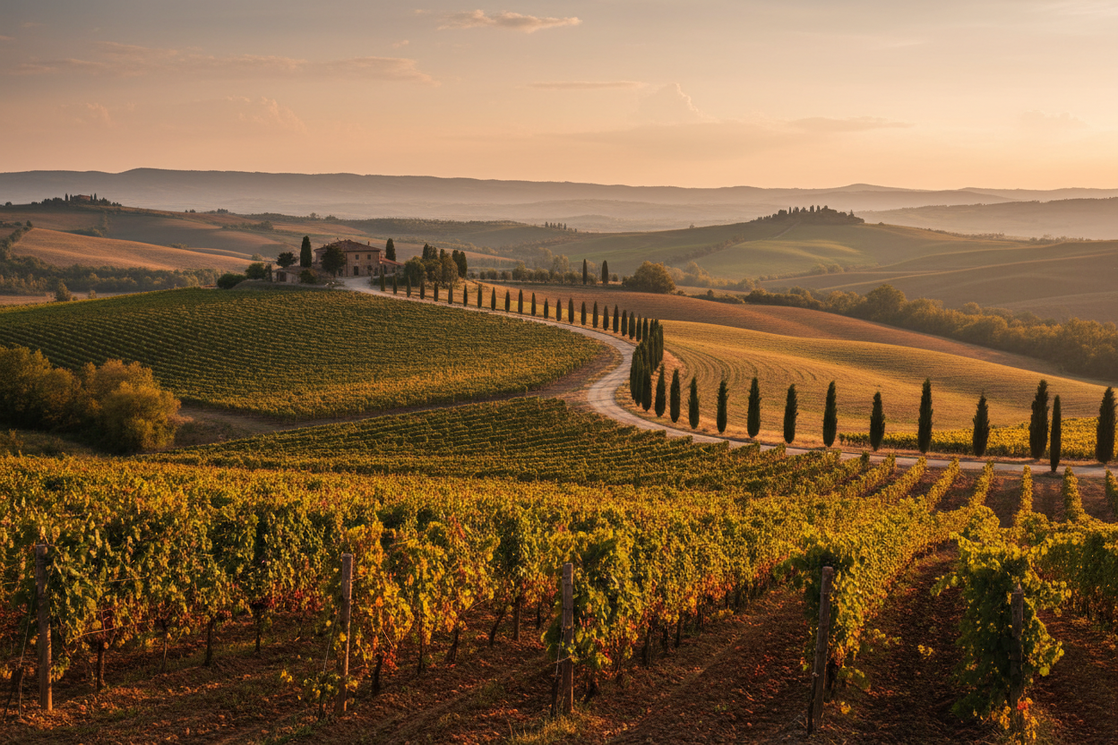 Vigneti del Chianti con cipressi toscani - vini Toscana